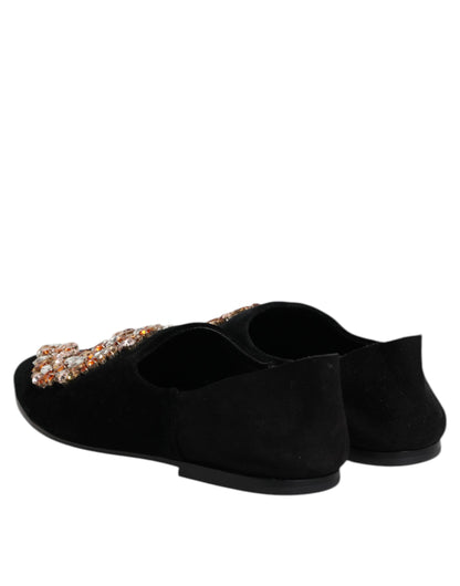 Dolce &amp; Gabbana Black Velvet Embellished Loafer Slip On Shoes