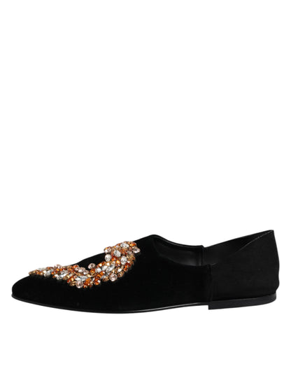 Dolce &amp; Gabbana Black Velvet Embellished Loafer Slip On Shoes