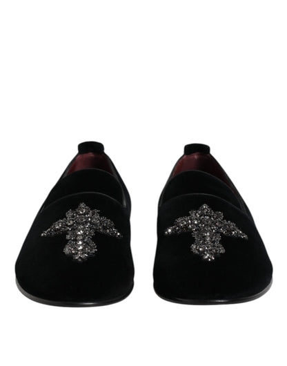 Dolce &amp; Gabbana Black Velvet Embellished Loafer Slip On Shoes