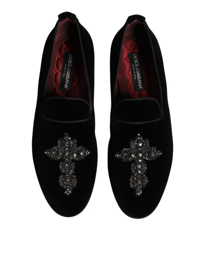 Dolce &amp; Gabbana Black Velvet Embellished Loafer Slip On Shoes