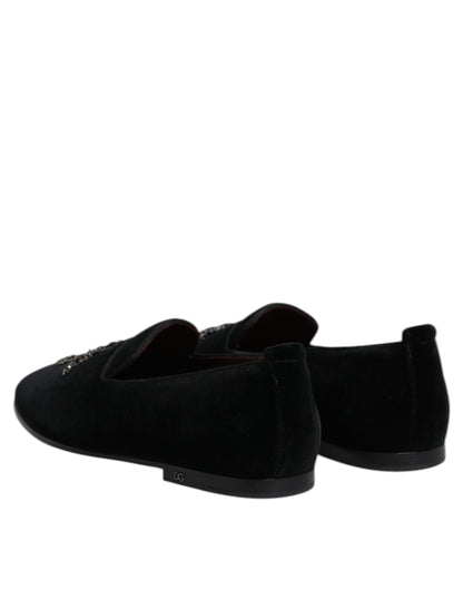Dolce &amp; Gabbana Black Velvet Embellished Loafer Slip On Shoes