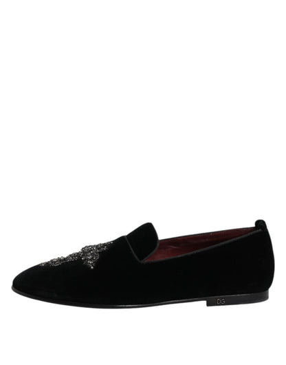 Dolce &amp; Gabbana Black Velvet Embellished Loafer Slip On Shoes
