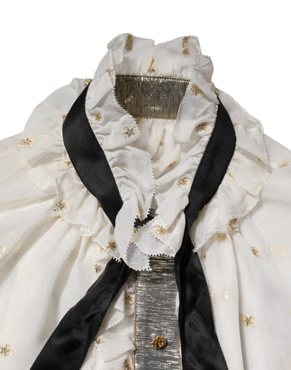 Dolce & Gabbana White Black Silk Long Sleeve Ascot Collar Top