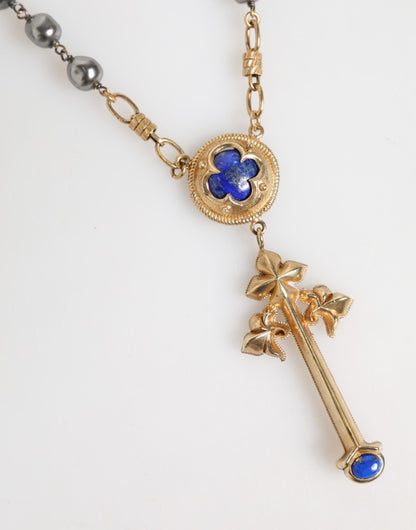 Dolce & Gabbana Gold Tone Beaded Chain Religious Cross Necklace