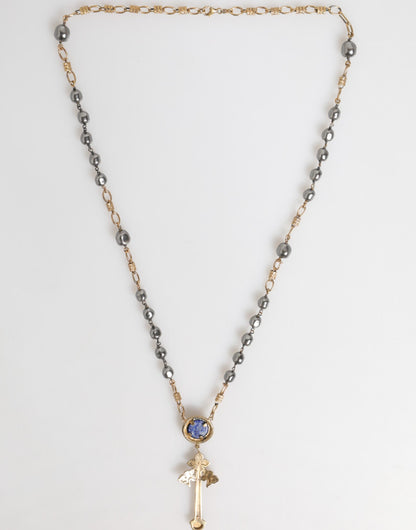 Dolce & Gabbana Gold Tone Beaded Chain Religious Cross Necklace