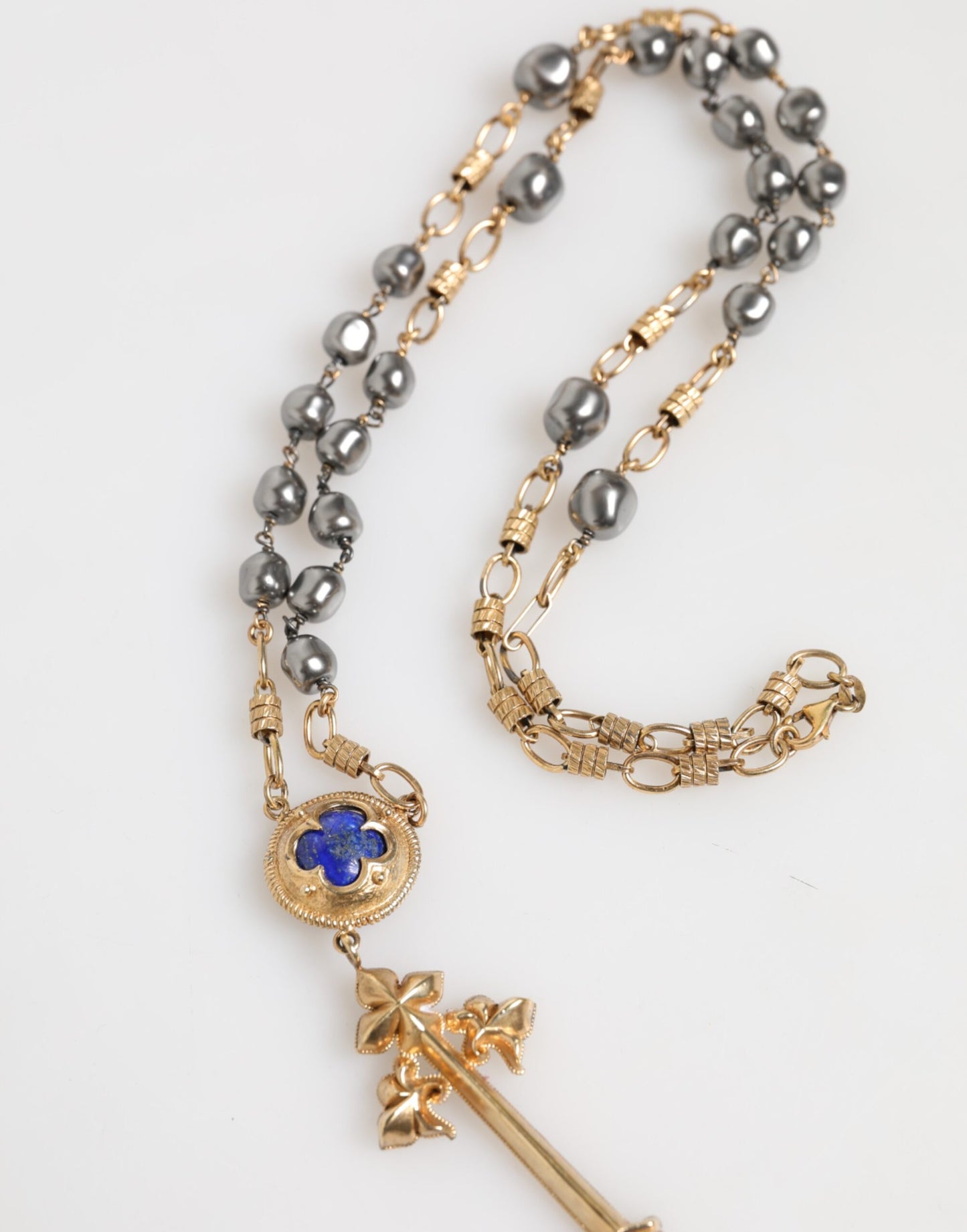 Dolce & Gabbana Gold Tone Beaded Chain Religious Cross Necklace