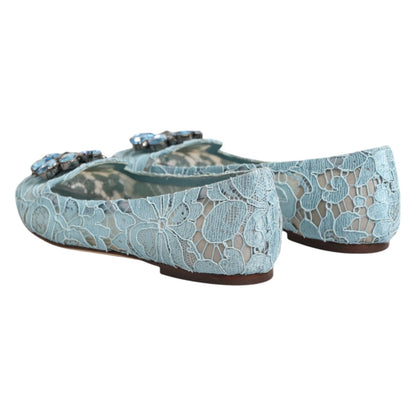 Dolce & Gabbana Blue Lace Crystal Ballet Flats Loafers Shoes