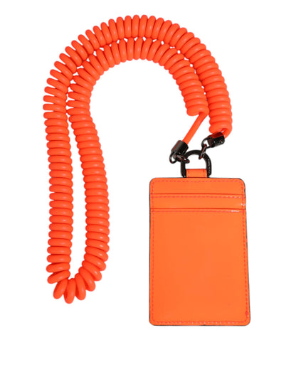 Dolce & Gabbana Orange Leather Logo Embossed Lanyard Card Holder Wallet