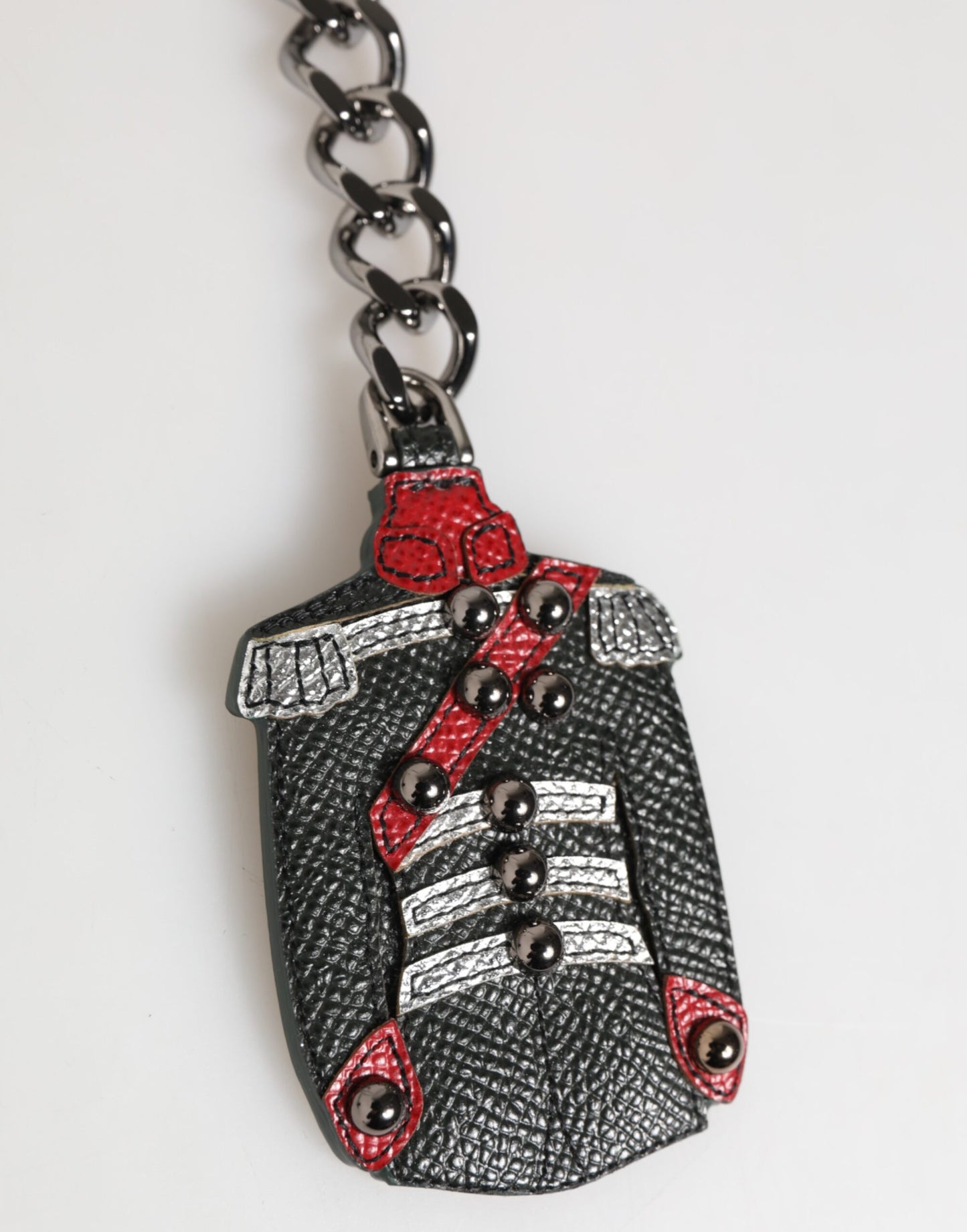 Dolce & Gabbana Black Red Military Leather Patch DG Logo Keychain Keyring
