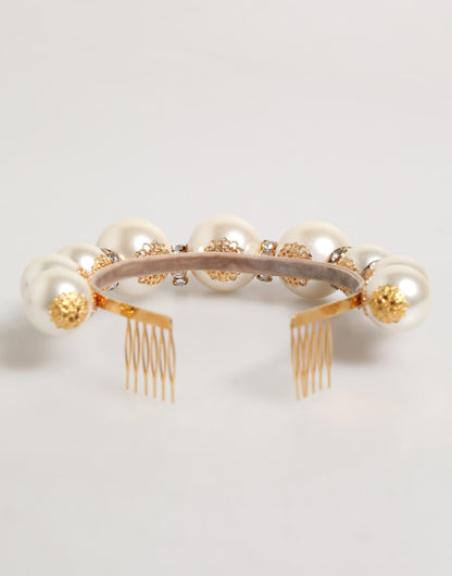 Dolce & Gabbana Gold Pearl Crystal Embellished Tiara Hair Accessory Headband
