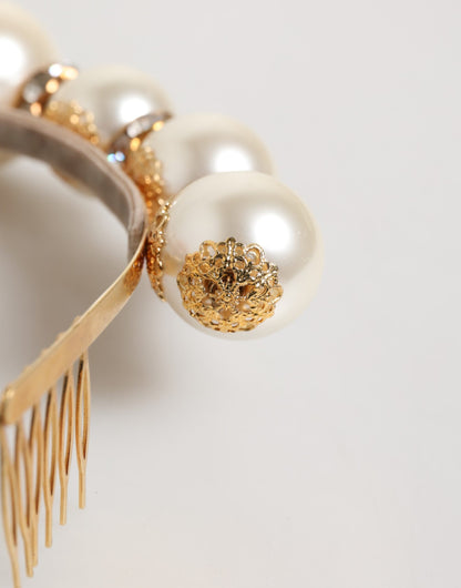 Dolce & Gabbana Gold Pearl Crystal Embellished Tiara Hair Accessory Headband
