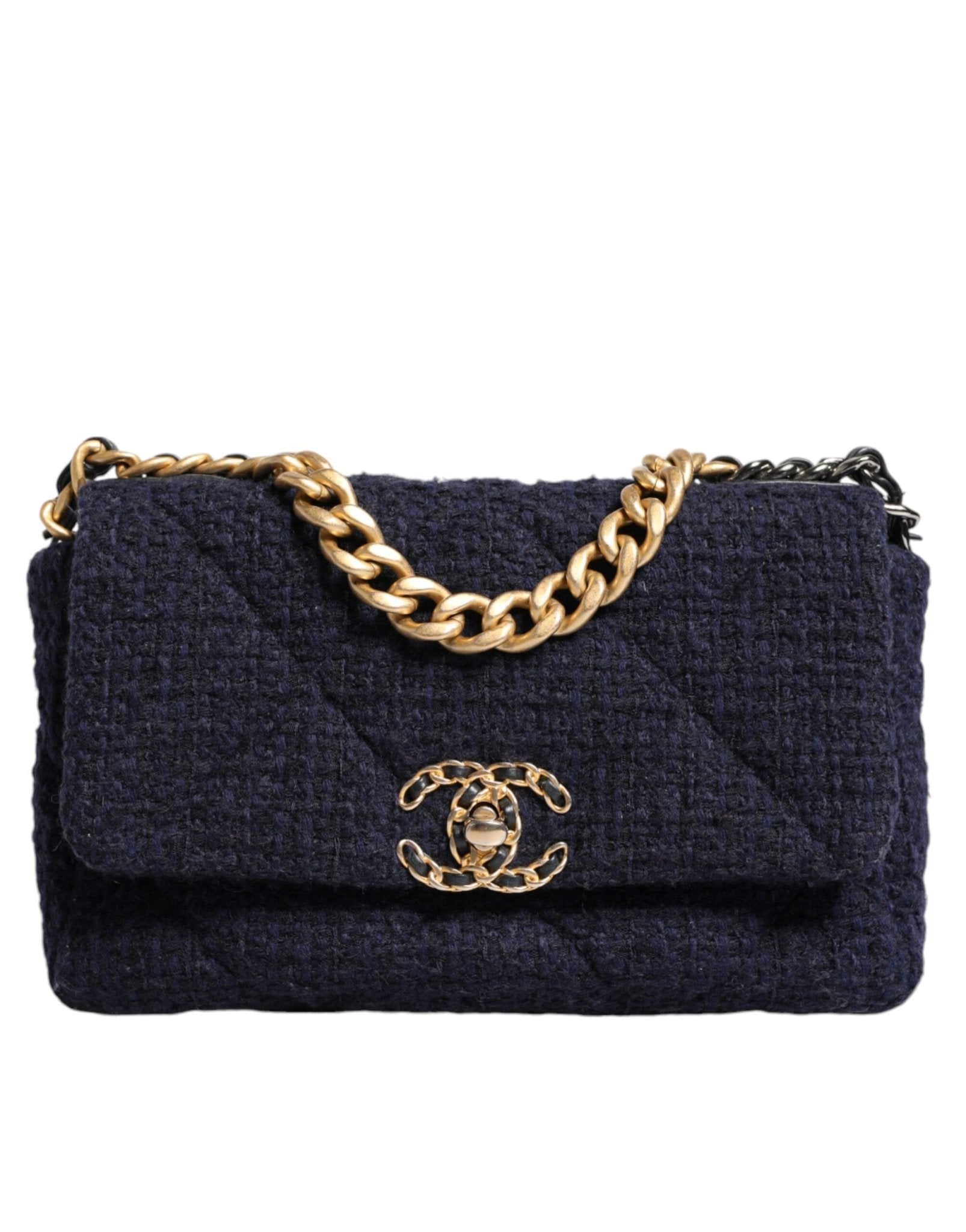 Chanel Dark Blue Medium Flap Tweed CC Gold Gray Chain Shoulder Bag - Sandy Store ByNet