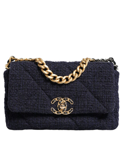 Chanel Dark Blue Medium Flap Tweed CC Gold Gray Chain Shoulder Bag - Sandy Store ByNet