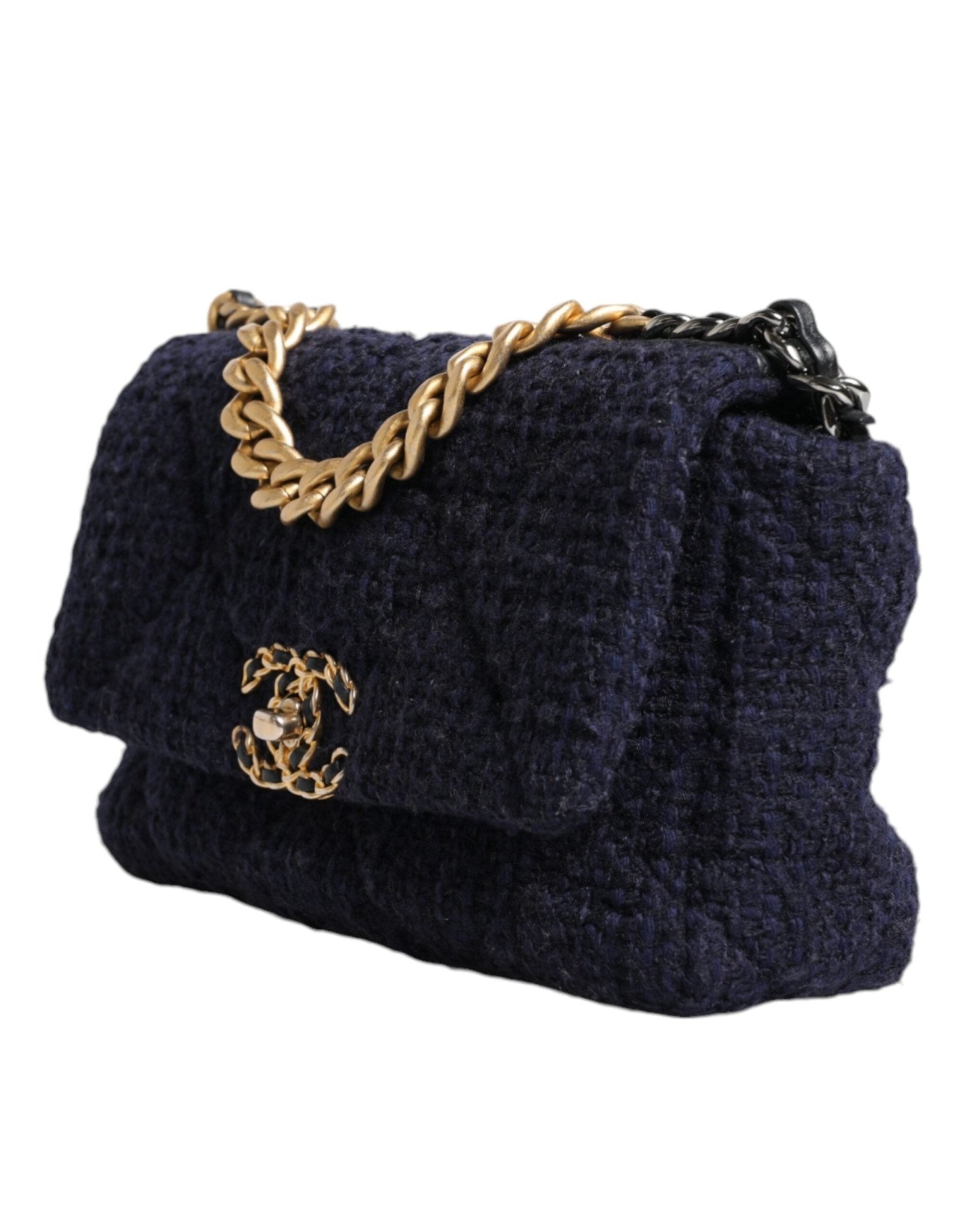 Chanel Dark Blue Medium Flap Tweed CC Gold Gray Chain Shoulder Bag - Sandy Store ByNet