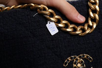 Chanel Dark Blue Medium Flap Tweed CC Gold Gray Chain Shoulder Bag - Sandy Store ByNet