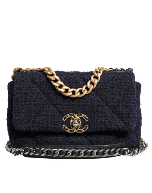Chanel Dark Blue Medium Flap Tweed CC Gold Gray Chain Shoulder Bag - Sandy Store ByNet