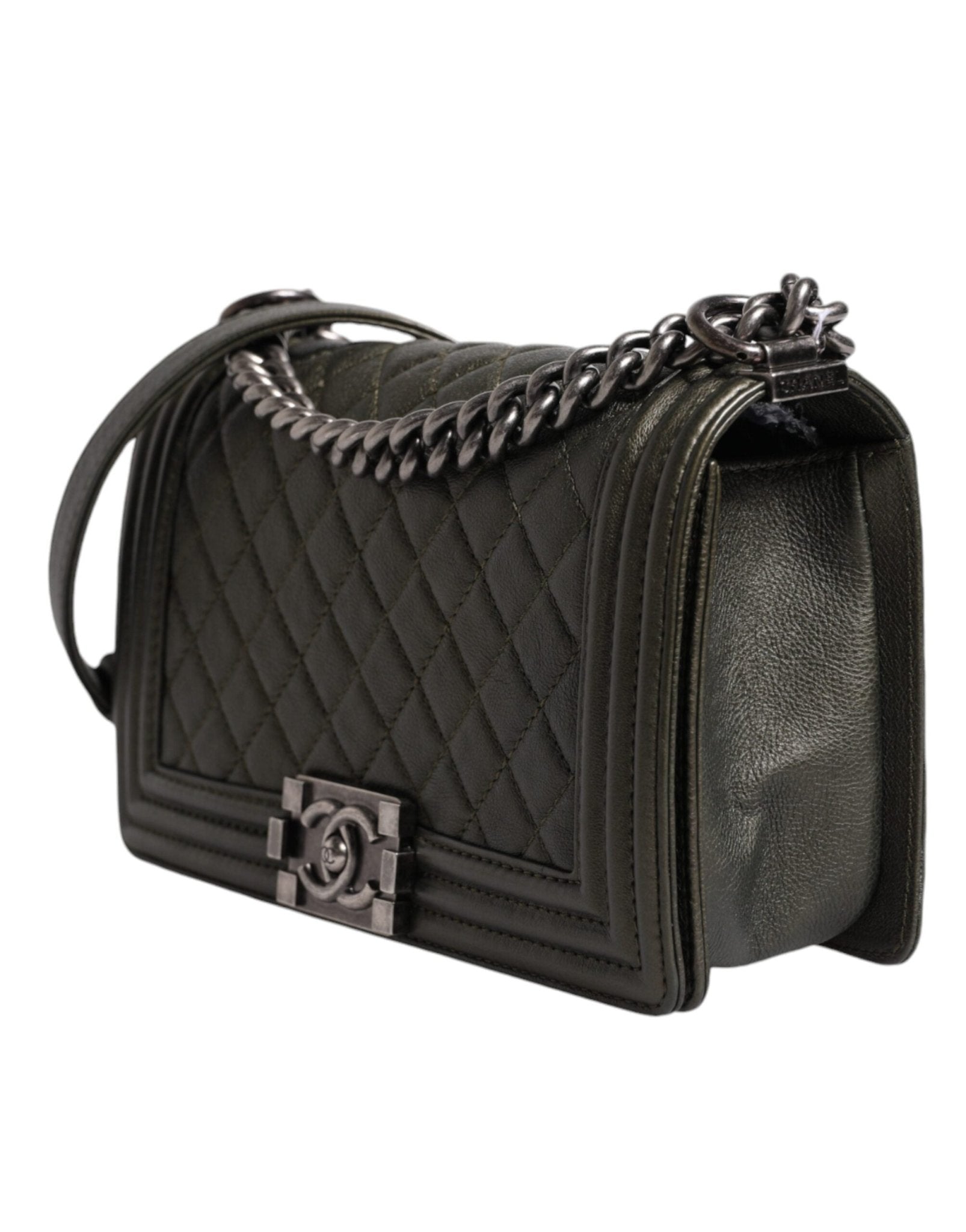 Chanel Dark Green Leather Shoulder Bag Gray Metal Purse Bag - Sandy Store ByNet