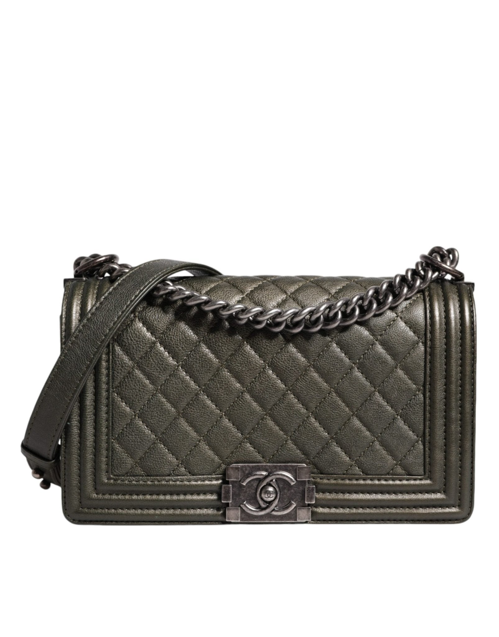Chanel Dark Green Leather Shoulder Bag Gray Metal Purse Bag - Sandy Store ByNet