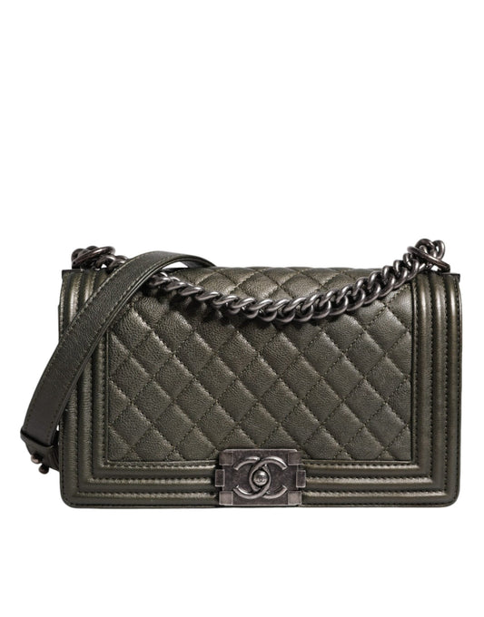 Chanel Dark Green Leather Shoulder Bag Gray Metal Purse Bag - Sandy Store ByNet