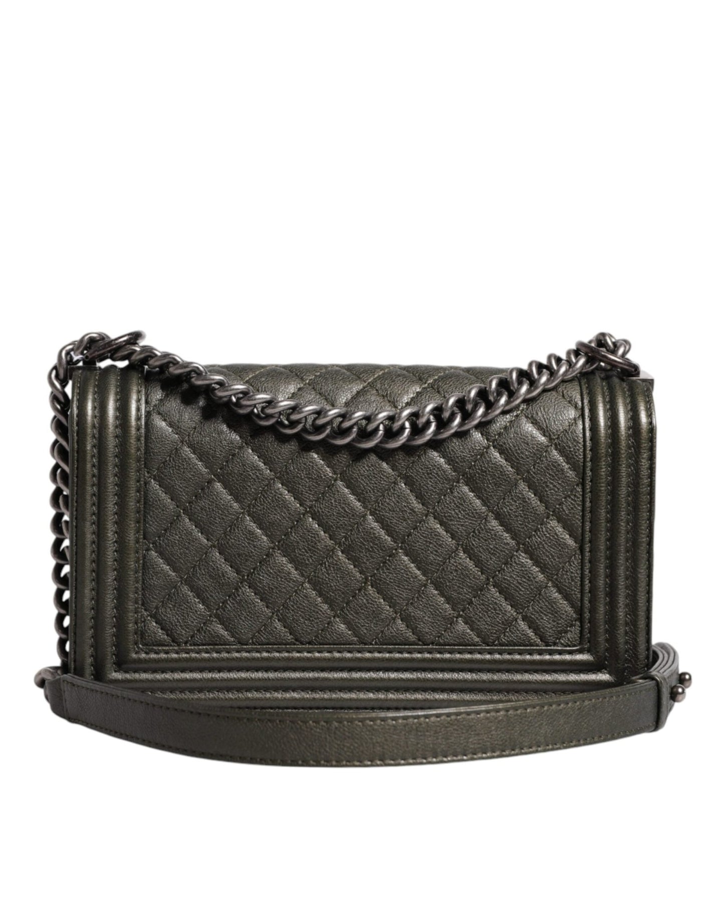 Chanel Dark Green Leather Shoulder Bag Gray Metal Purse Bag - Sandy Store ByNet
