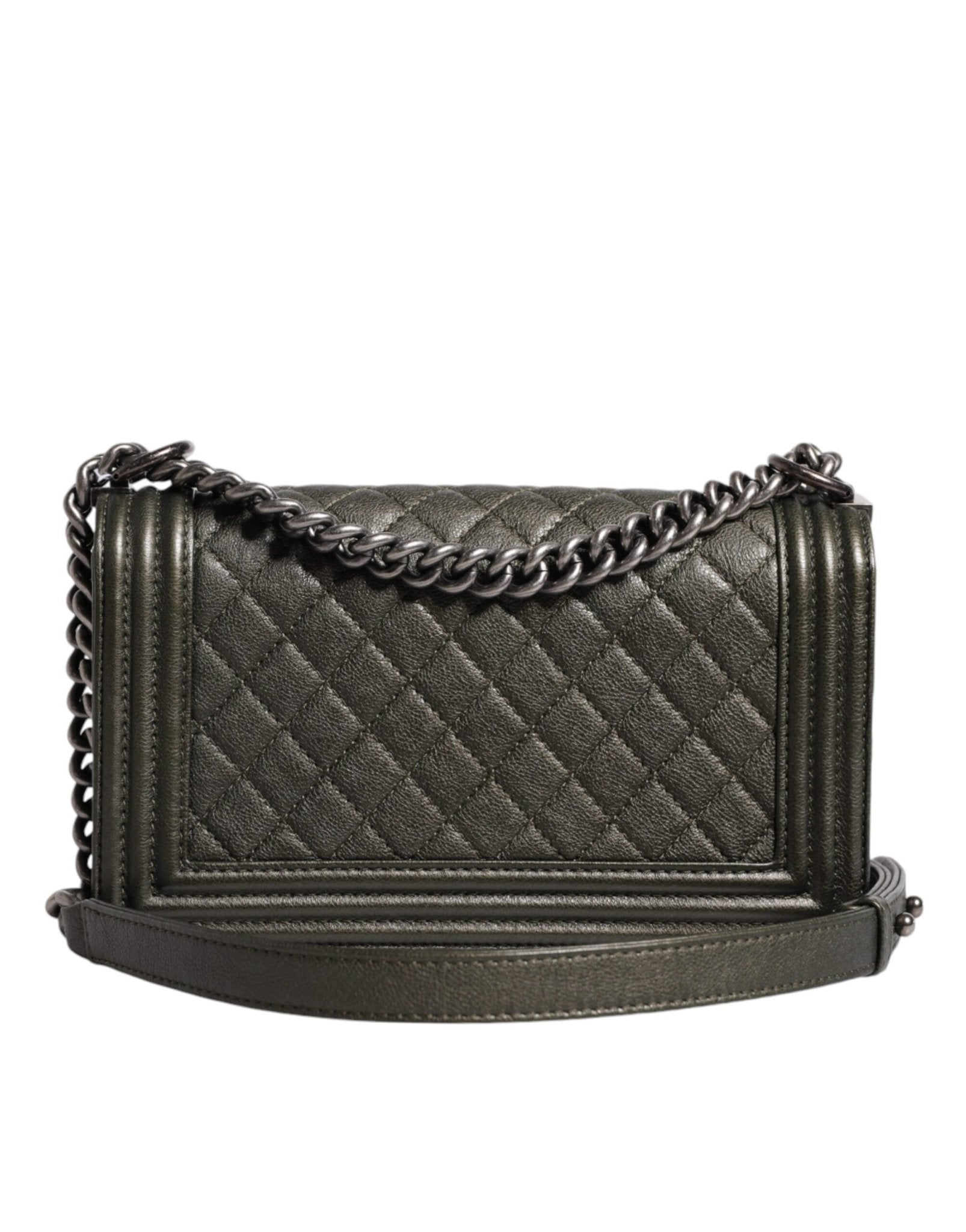 Chanel Dark Green Leather Shoulder Bag Gray Metal Purse Bag - Sandy Store ByNet