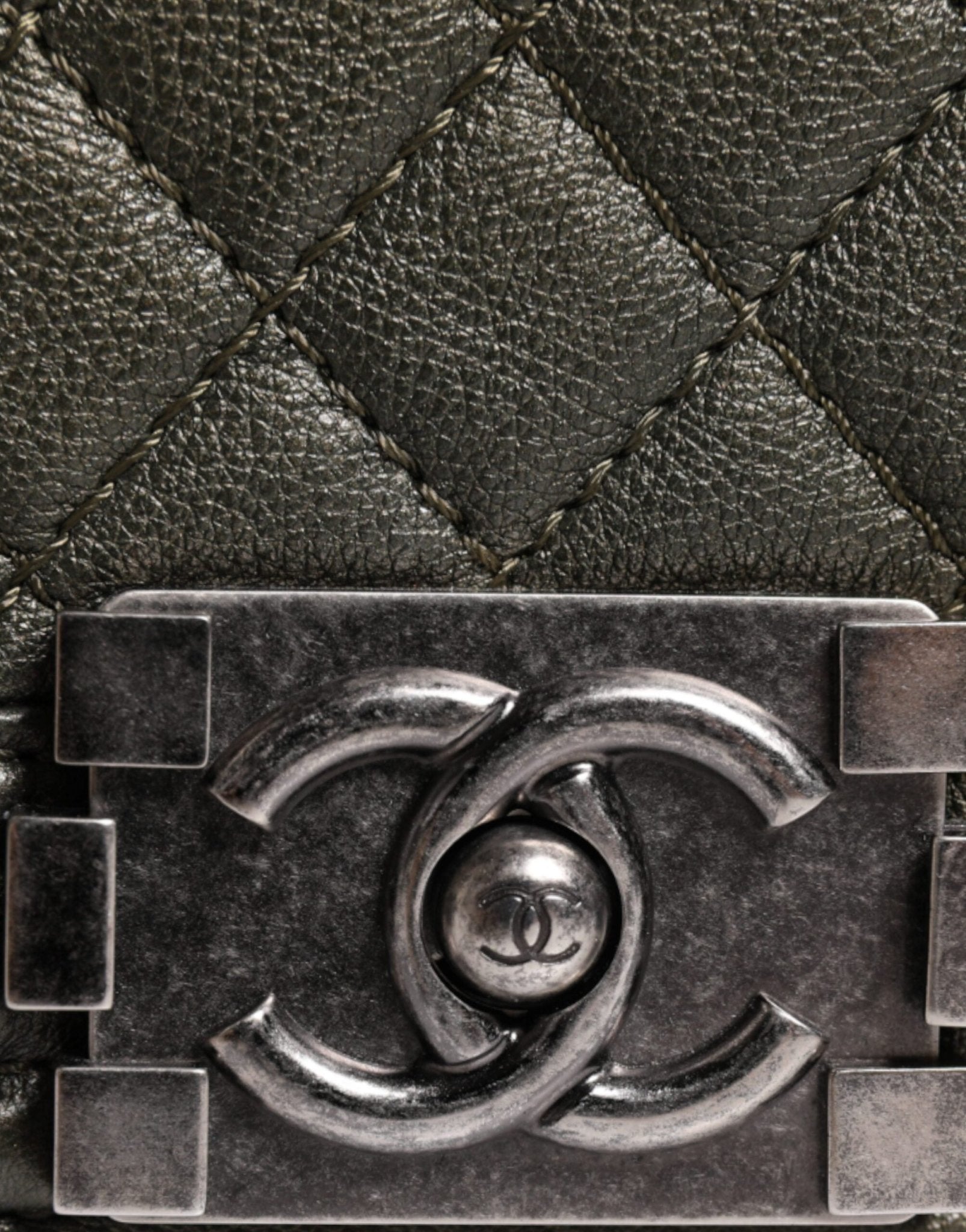 Chanel Dark Green Leather Shoulder Bag Gray Metal Purse Bag - Sandy Store ByNet
