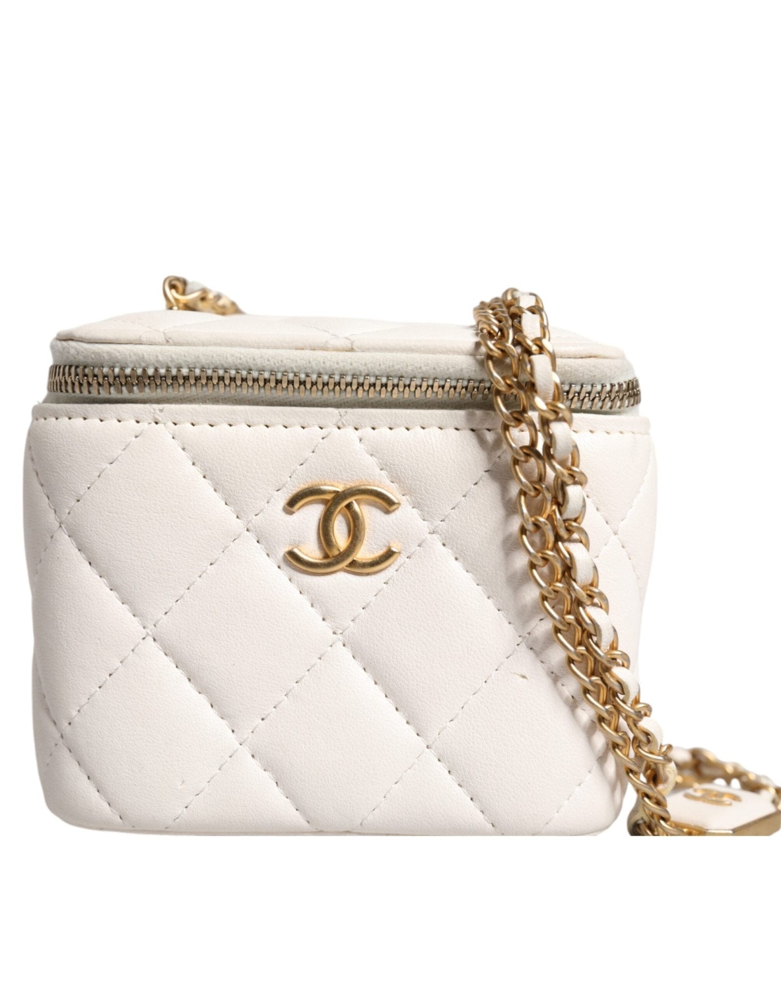 Chanel White Matelasse Lambskin Gold Chain Shoulder Vanity Mirror - Sandy Store ByNet