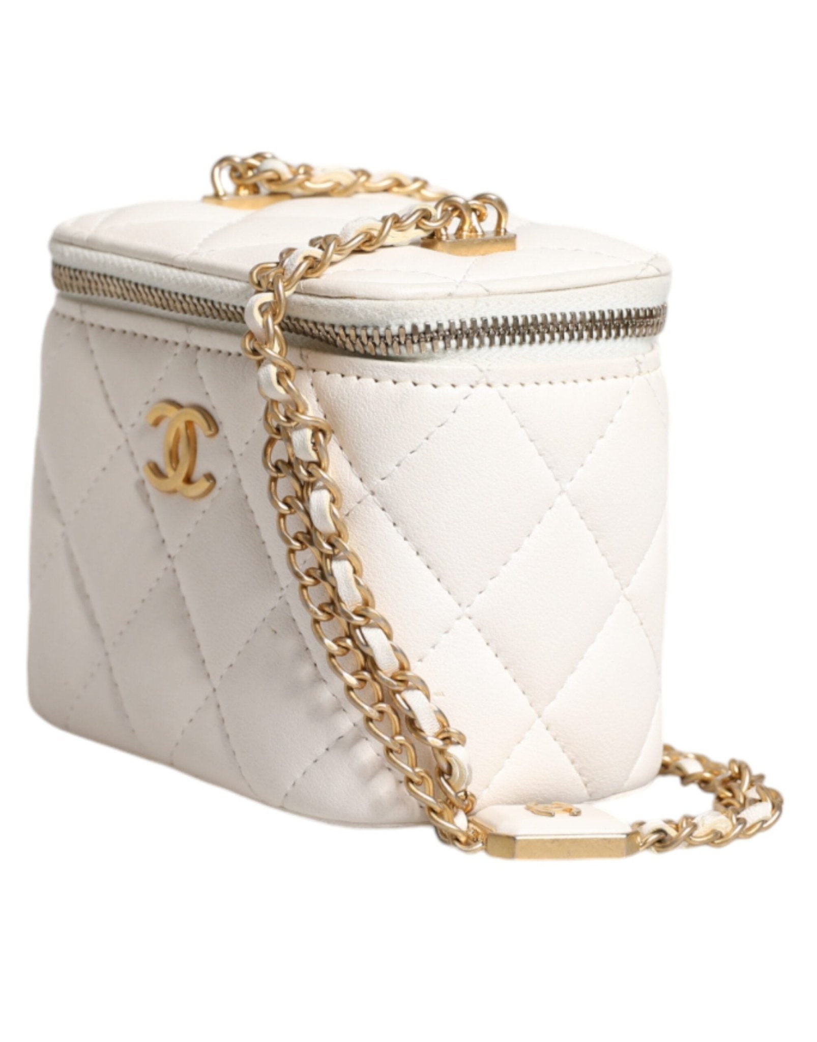 Chanel White Matelasse Lambskin Gold Chain Shoulder Vanity Mirror - Sandy Store ByNet