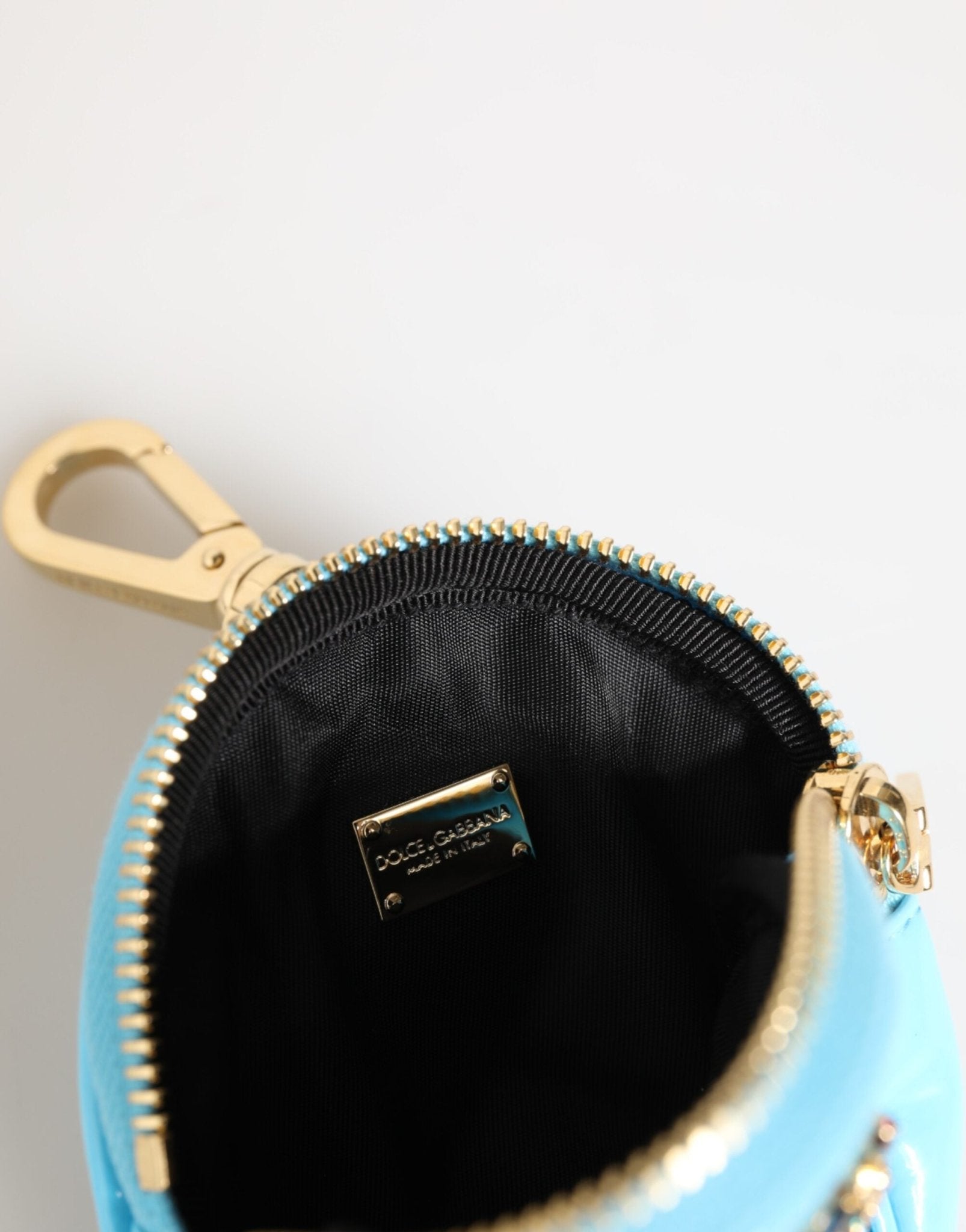 Dolce & Gabbana Azure Blue Leather Round Coin Purse Keychain Crystal Logo Wallet – par Dolce & Gabbana | Disponible sur Sandy Store ByNet