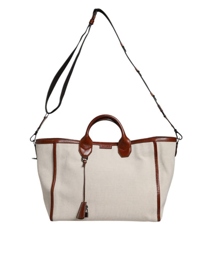 Dolce & Gabbana Beige Brown Cotton Leather Duffle Shoulder Bag - Sandy Store ByNet