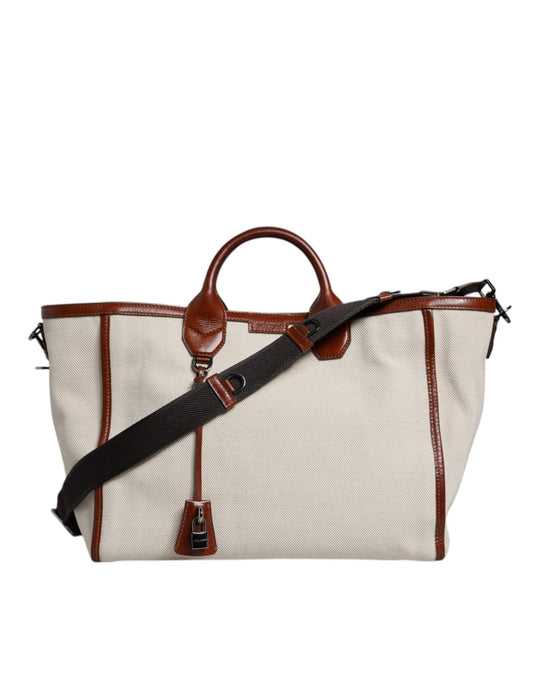 Dolce & Gabbana Beige Brown Cotton Leather Duffle Shoulder Bag - Sandy Store ByNet