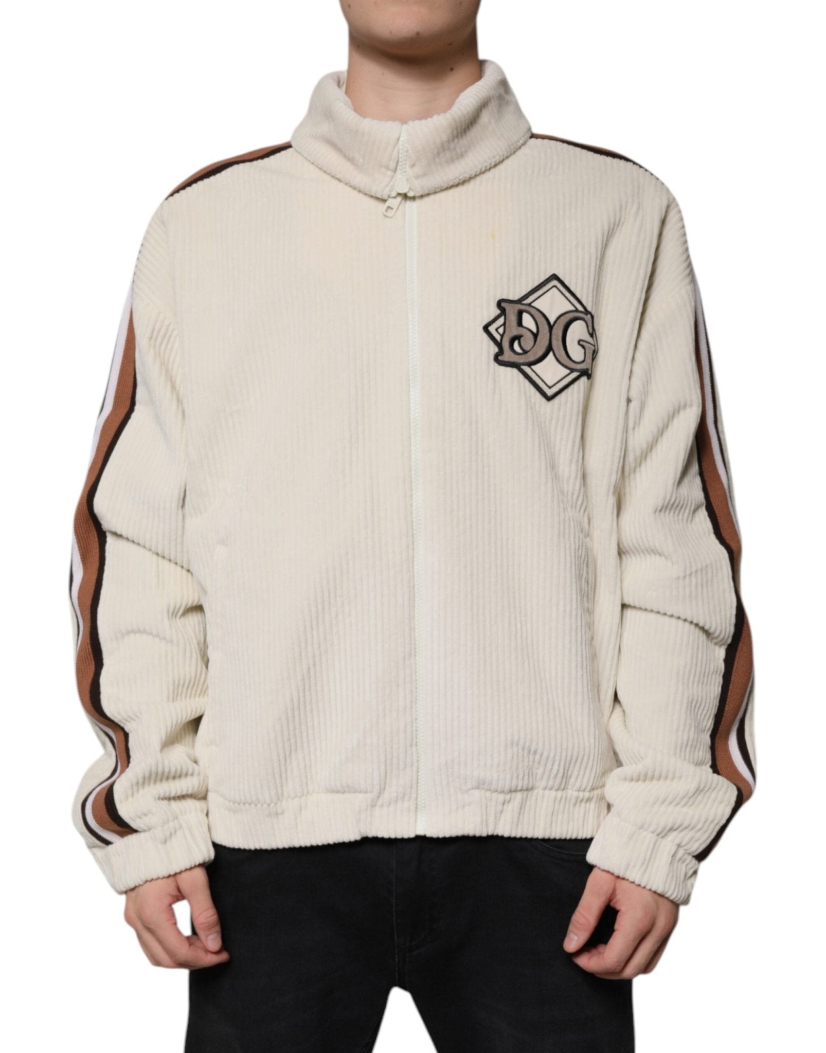 Dolce & Gabbana Beige Logo Applique Cotton Corduroy Full Zip Jacket - Sandy Store ByNet
