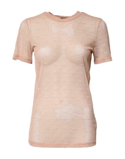 Dolce & Gabbana Beige Nylon Sheer Logo Monogram Crew Neck Top - Sandy Store ByNet