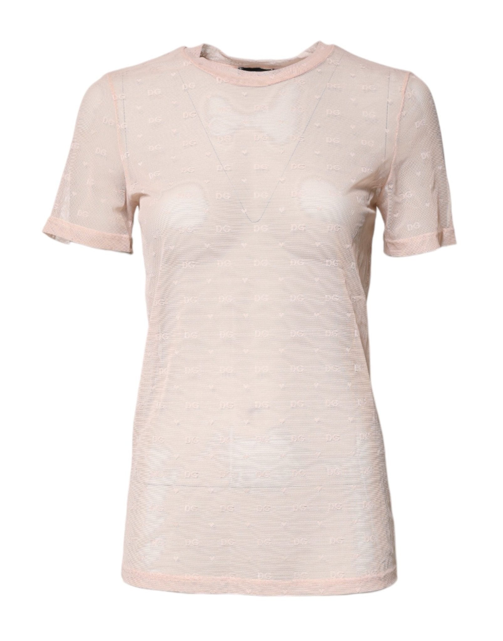 Dolce & Gabbana Beige Nylon Sheer Logo Monogram Crew Neck Top - Sandy Store ByNet