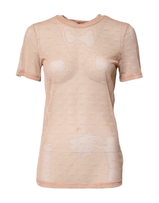 Dolce & Gabbana Beige Nylon Sheer Logo Monogram Crew Neck Top - Sandy Store ByNet