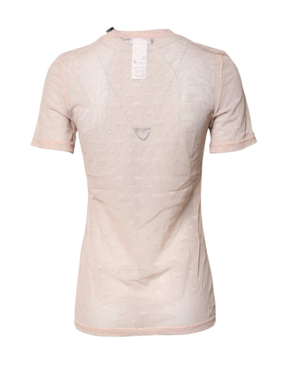 Dolce & Gabbana Beige Nylon Sheer Logo Monogram Crew Neck Top - Sandy Store ByNet