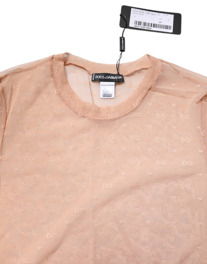 Dolce & Gabbana Beige Nylon Sheer Logo Monogram Crew Neck Top - Sandy Store ByNet