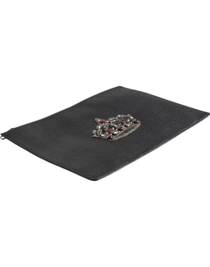 Dolce & Gabbana Black Calfskin Crown Embellished Clutch Pouch Bag - Sandy Store ByNet