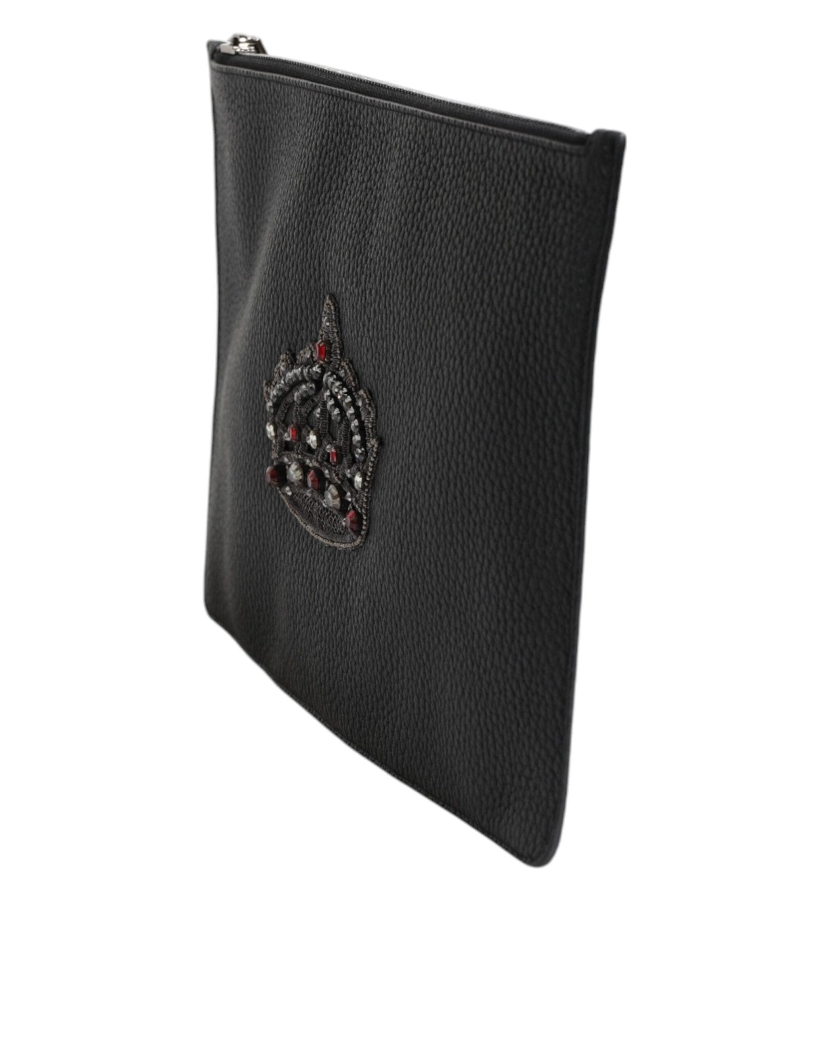 Dolce & Gabbana Black Calfskin Crown Embellished Clutch Pouch Bag - Sandy Store ByNet