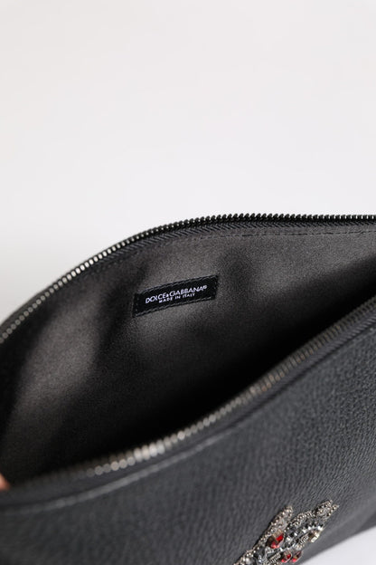 Dolce & Gabbana Black Calfskin Crown Embellished Clutch Pouch Bag - Sandy Store ByNet