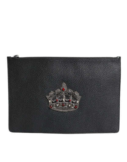 Dolce & Gabbana Black Calfskin Crown Embellished Clutch Pouch Bag - Sandy Store ByNet