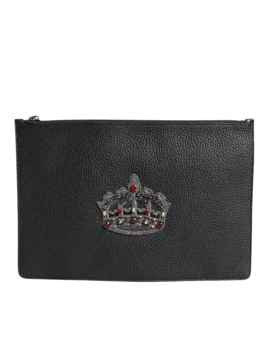 Dolce & Gabbana Black Calfskin Crown Embellished Clutch Pouch Bag - Sandy Store ByNet