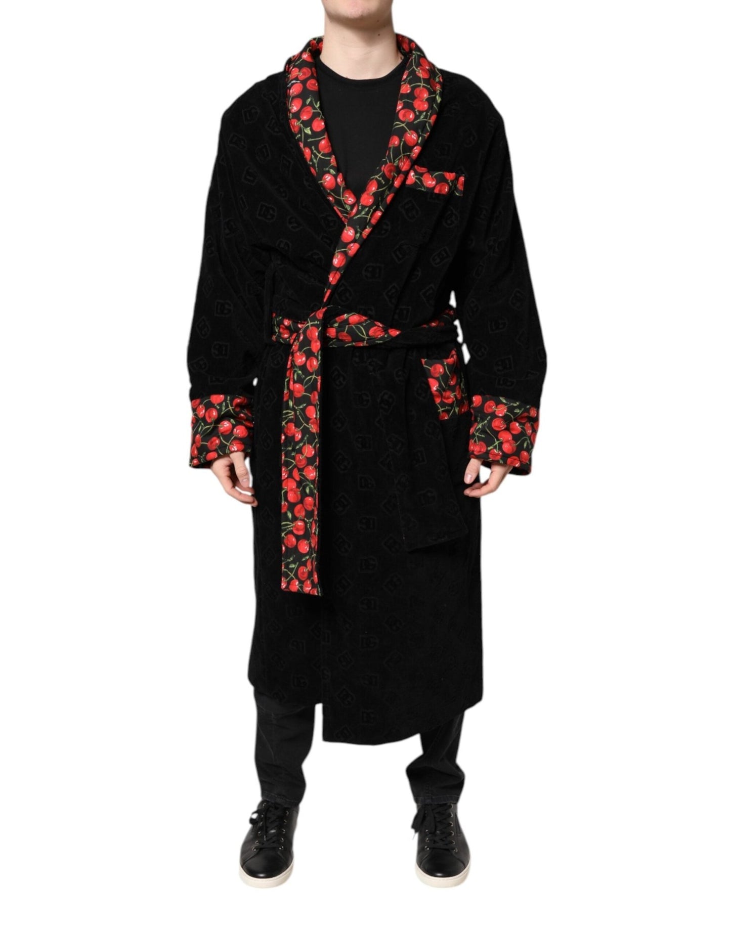 Dolce & Gabbana Black Cherry Print Wrap Robe Men Coat Jacket – IT48 | M par Dolce & Gabbana | Disponible sur Sandy Store ByNet