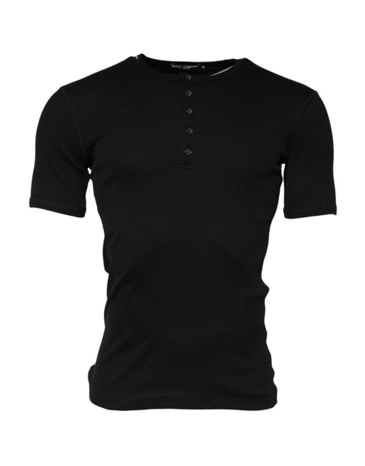 Dolce & Gabbana Black Cotton Knit Crew Neck Henley T-shirt – IT48 | M par Dolce & Gabbana | Disponible sur Sandy Store ByNet