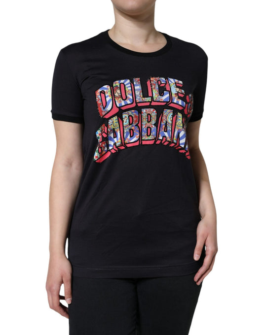 Dolce & Gabbana Black Cotton Logo Print Round Neck T-shirt – IT36 | XS par Dolce & Gabbana | Disponible sur Sandy Store ByNet