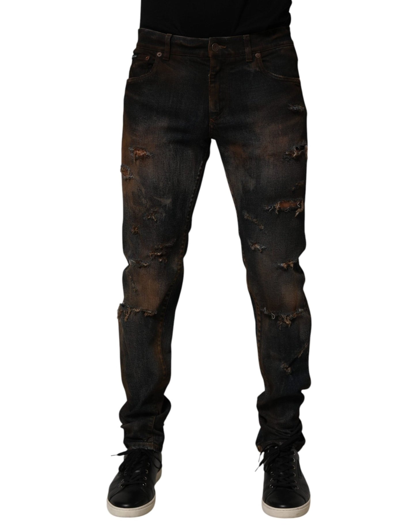 Dolce & Gabbana Black Cotton Skinny Tattered Men Denim Jeans – IT48 | M par Dolce & Gabbana | Disponible sur Sandy Store ByNet