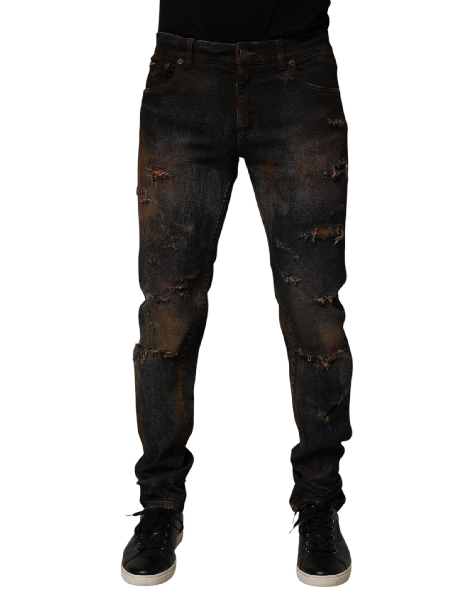 Dolce & Gabbana Black Cotton Skinny Tattered Men Denim Jeans – IT48 | M par Dolce & Gabbana | Disponible sur Sandy Store ByNet
