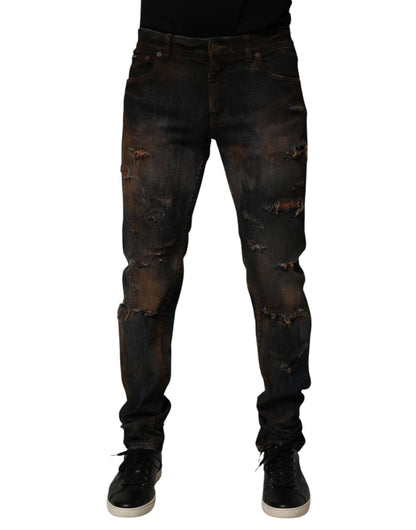 Dolce & Gabbana Black Cotton Skinny Tattered Men Denim Jeans – IT48 | M par Dolce & Gabbana | Disponible sur Sandy Store ByNet