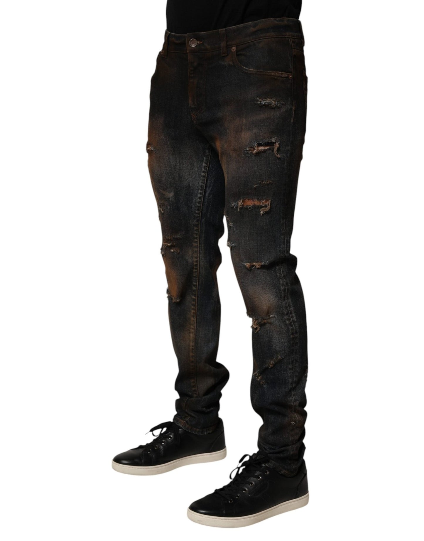 Dolce & Gabbana Black Cotton Skinny Tattered Men Denim Jeans – IT48 | M par Dolce & Gabbana | Disponible sur Sandy Store ByNet