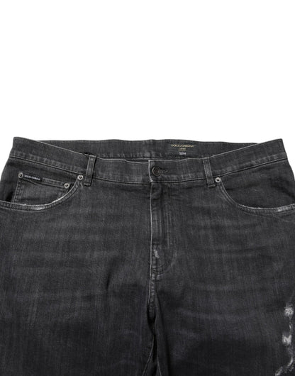 Dolce & Gabbana Black Cotton Slim Fit Distressed Ripped Logo Jeans – IT44 | XS par Dolce & Gabbana | Disponible sur Sandy Store ByNet